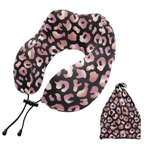 ALAZA Rose Gold Leopard Print Pink Cheetah Animal Neck Pillow Travel for Sleeping Airplane Travel Kit with Snap Clip & Storage Bag