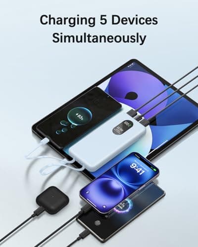 Odetrik 10000mAh Power Bank 22.5W Fast Charging Portable Charger Type-C In/Out 5 Outputs 3 Inputs with Built-in Cables Slim LCD Display Battery Pack for Smartphone Tablet and More (Blue) — view 4