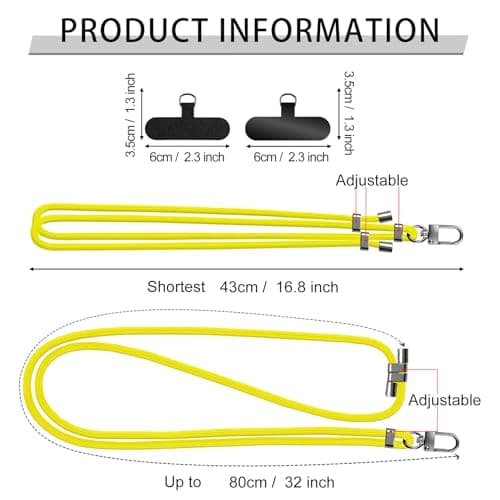 GanYesin Universal Phone Lanyard with 4 Patches, Adjustable Nylon Phone Strap for Men & Women Compatible with Most Phones, Key Lanyard and more for Outdoor Activities, Travel (Yellow) — view 2