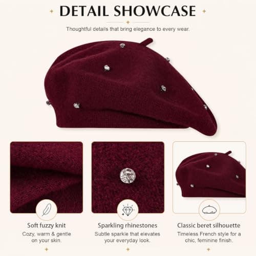 Women Wool Beret with Rhinestones Ladie Solid Color French Style Artist Hat — view 3