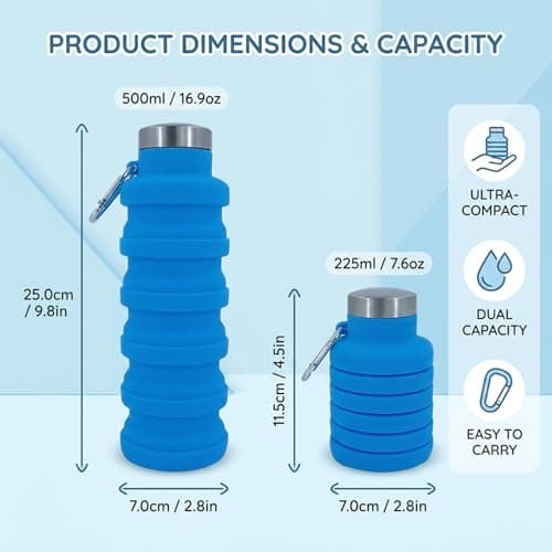 XcnPer Collapsible Water Bottle 500ml, Flexible Silicone Travel Water Bottle, Foldable Leakproof Sports Bottle with Carabiner for Gym Hiking Camping Cycling — view 2