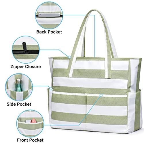 oscaurt Beach Bags for Women, Waterproof Beach Bag with 9 Pockets Large Capactiy Tote Bag with Zip Holiday Essentials for Women — view 4