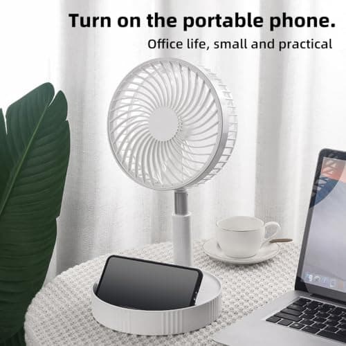 Portable Standing Pedestal Fan Rechargeable - 3600mAh Electric Silent Oscillating Floor Fan with Remote Control,USB Battery Telescopic Foldable Desk Table Fans for Bedroom Camping Travel (White) — view 3