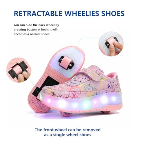 HUSKSWARE Kids Shoes with Wheels – LED Light-Up Roller Sneakers Boys Girls, Retractable Skating Trainers, USB Rechargeable Outdoor Sports Shoes EU 27-40 White Black Pink — view 6