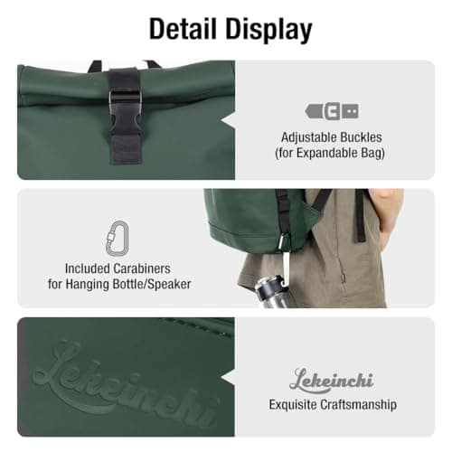 Lekeinchi 17-Inch Waterproof Laptop Backpack for Men and Women - Roll Top Design for School, Travel, Business, Work, and Camping(Green) — view 6