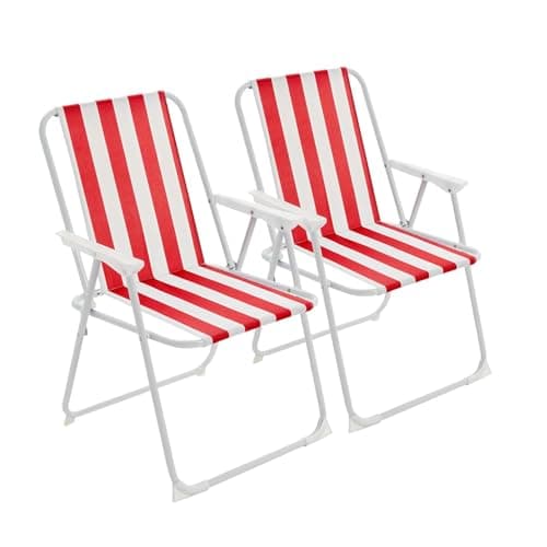 Harbour Housewares Folding Beach Deck Chairs - Red Stripe - Pack of 2 - Metal Outdoor Patio Seat Lightweight Portable Deck Chair for Picnic, Garden, Camping, Fishing