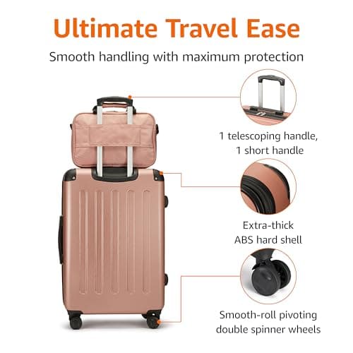 Amazon Basics Hardside Carry-On Spinner Luggage Set, 3-Piece, Carry-On Suitcase, Tote Bag, Compact Travel Bag, Expandable, 4 Spinner Wheels, Rose Gold — view 3