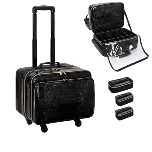 Rolling Makeup Train Case, 18" Carry On Travel Cosmetic Organizer Suitcase,Extra Large Trolley Makeup Storage Case On Wheels,3 Layers with 3pcs Traveling Bags for Hairstylist Cosmetology Artist