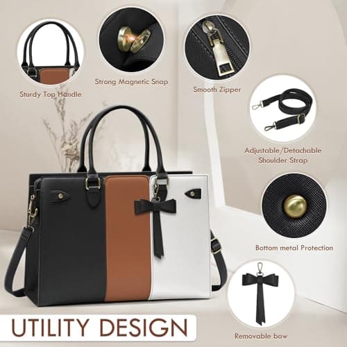 RAINSMORE Laptop Bags for Women PU Leather Work Bags for Women Tote Bag Large Handbag Shoulder Bag for Office 15.6 Inch Business Black with White and Brown — view 6