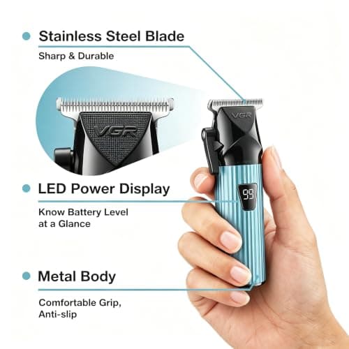 VGR 037 Mini Hair Trimmer for Men with Taper Lever and LED Display, Green — view 3