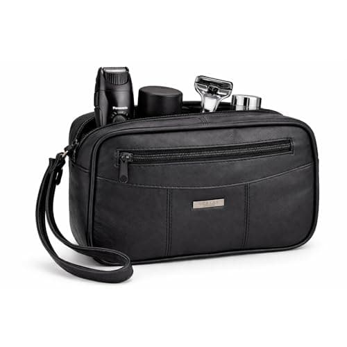 Woodland Leathers Mens Wash Bag, Small Compact Sheep Nappa Toiletry Bag with Top & Back Zips, Travel Small Washbag for Men Fit in Your Carry-on (Black Leather)
