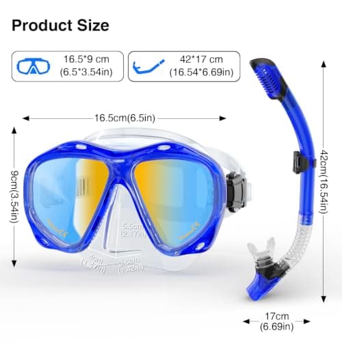 Snorkeling Gear for Adults, Snorkel Mask With Mirrored Tempered Glass Lens 180° Wide View Anti-Fog Scuba Diving Mask, Professional Snorkel Set for Swimming Diving (Clear Blue) — view 6