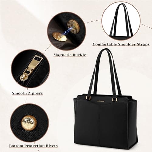 RAINSMORE Handbag for Women Large Laptop Tote Bag 14 Inch Waterproof PU Leather School Ladies Handbag with Zipper Pocket Work Shoulder Bags for Shopping Office Travel Business — view 6