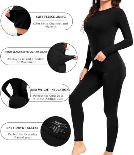 wirarpa Women's Thermal Underwear Set Fleece Lined Top & Bottom Black M — view 2