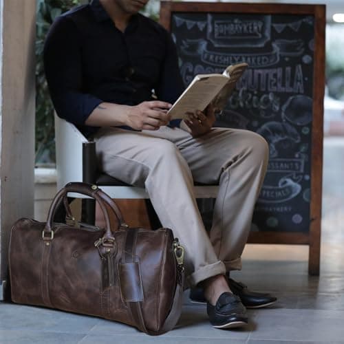 Leather Holdall Bags for Men - Travel Overnight Duffle - Weekend Carry On Suitcase - Underseat Flight Cabin Duffel Bag, Mulberry — view 2