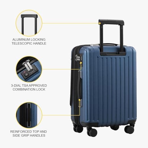 LEVEL8 Cabin Suitcase 20-Inch Carry on Luggage, ABS+PC Hardshell Spinner Trolley with Laptop Compartment, TSA, 4 Wheels for Airplane for Women Men, Blue — view 6