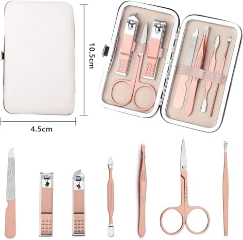 Nail Clipper Manicure Set, 7 In 1 Stainless Steel Professional Pedicure Kit Nail Scissors Grooming Kit with Black PU Leather Case for Travel & Home Use (Pink Leather) — view 2