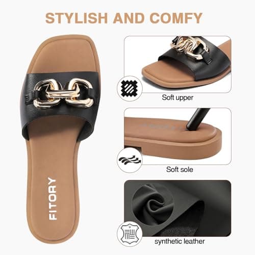 FITORY Women Flat Sandals Slip On Leather Slide Summer Dark Black Size 6 — view 5