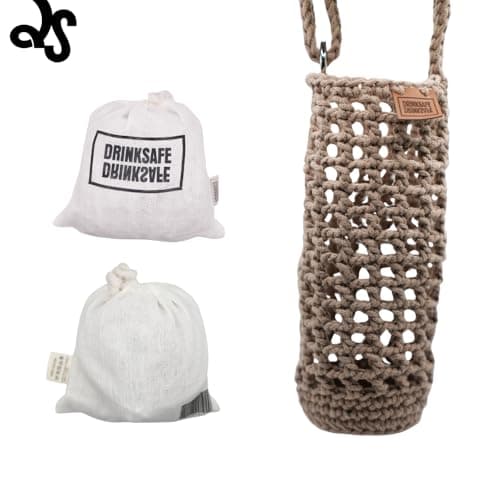 Handmade Recycled Cotton Crocheted Mesh Water Bottle Holder - Adjustable Shoulder Strap - Compatible with Bottles ≤1L | Lifestyle, Hiking, Festival & Travel — view 2