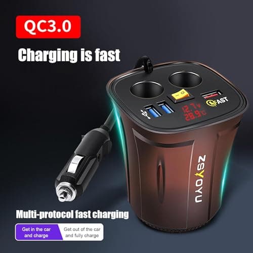 Multi-Port Car Charger - Fast Charging Adapter, Multi-port USB, Digital Display Screen | Car Inverter Charger, Convenient Cup Holder Accessory, For Phones Tablets Electronics Vehicle Travel Device — view 3