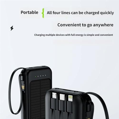 Solar Power Bank 10000mAh, Portable Charger with Built-in Cables, USB-C, Micro USB, and Lightning Compatible, Black — view 3