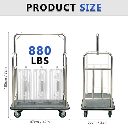BANGBANGJI 880LBS Hotel Luggage Cart, Brushed Stainless Steel Bellman Trolley, Commercial Grade Hotel Luggage Trolley, with Grey Carpeted Deck and 6-inch Rubber Wheels, for Hotels, Condos, Resorts — view 2