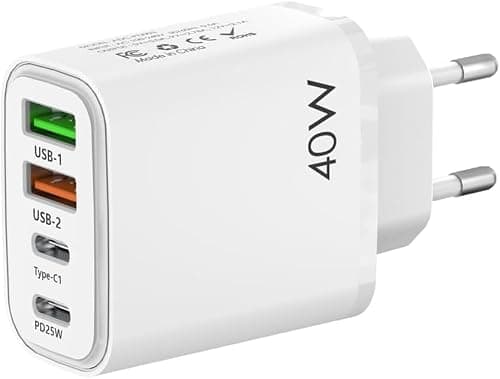 EU travel adapter charger, fast charging 2 USB C and 2 USB A European plugs, European wall adapter with 2 USBA port and 2 Type C ports, Compatible with fast charging of iPhone/Samsung and others