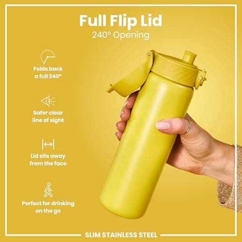 Ion8 Lightweight Steel Water Bottle, 600 ml/20 oz, Non-Insulated, Leak Proof, Easy to Open, Secure Lock, Dishwasher Safe, Flip Cover, Fits Cup Holders, Carry Handle, Metal Water Bottle, Yellow — view 4