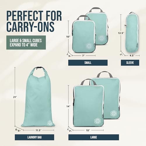Compression Packing Cubes for Travel - Luggage and Backpack Organizer Packaging Cubes for Clothes (Dusty Teal and White, 6Piece), Dusty Teal and White, 6Piece — view 4