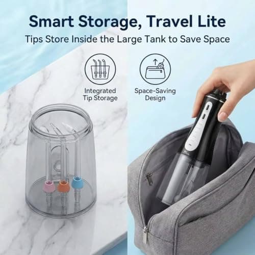 MOCEL Water Dental Flosser Oral Irrigator with 5 Modes, 350ml Cordless Water Teeth Cleaner Pick 6 Tips, IPX7 Waterproof Rechargeable Portable Powerful Battery for Travel & Home Braces & Bridges Care — view 6