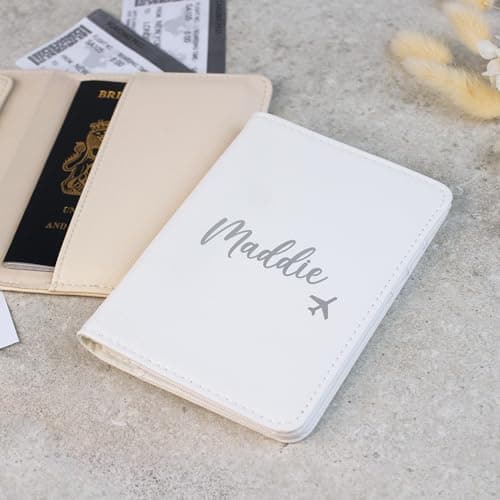 eBuyGB Personalised Passport Holder, Custom Name Passport Cover Travel Wallet, Faux Leather Travel Document Holder, Holiday, Honeymoon & Destination Wedding Gift for Her (Soft White) — view 2