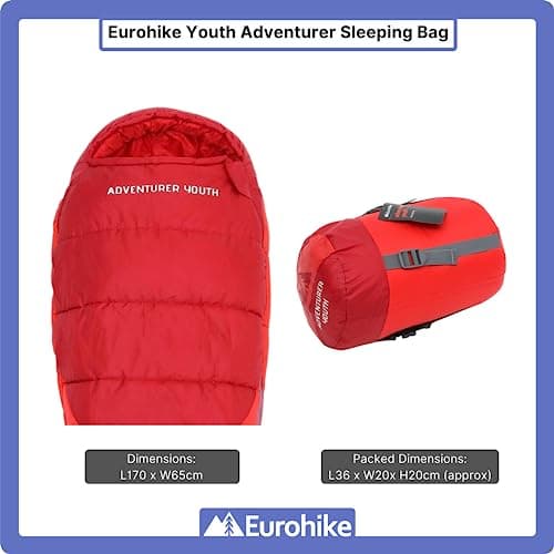 Eurohike Youth Adventurer Sleeping Bag with Pillow Pocket for Teens, Kids, 1 Person, 2-3 Season, Lightweight, Warm, Indoor & Outdoor Use, Camping, Hiking, Backpacking, Compression Bag (Red) — view 2