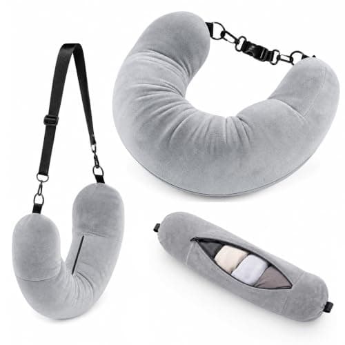 starfa lab Fillable Neck Pillow for Travel, Fillable U-Shaped Pillow with Adjustable Straps, Stuff Clothes for Extra Storage, Portable Travel Essentials for Airplane, Train and Car (Grey)