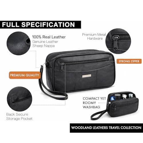 Woodland Leathers Mens Wash Bag, Small Compact Sheep Nappa Toiletry Bag with Top & Back Zips, Travel Small Washbag for Men Fit in Your Carry-on (Black Leather) — view 2
