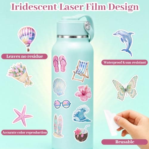 50 Pcs Summer Holiday Travel Stickers Aesthetic | Laser Film PET Waterproof Laptop Stickers for Water Bottle Scrapbook Luggage DIY Decor — view 4