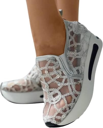 Women's Floral Lace Wedge Trainers Fashion Breathable Sneakers with Arch Support Dressy Lightweight Slip on Sneakers Comfortable Thick Heel Casual Outdoor Travel Walking Sports Shoes — view 3