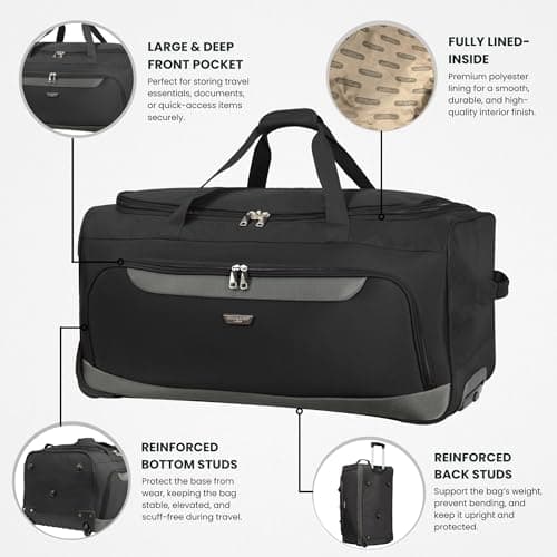 Rocklands® Lightweight Wheeled Holdall Medium Duffle Trolley Suitcase Thick Heavy-Duty Cross Nylon EVA-Backed Front, Hard Base Travel Bag (Medium - 28" (H72xW37xD36 cm), Black) — view 2