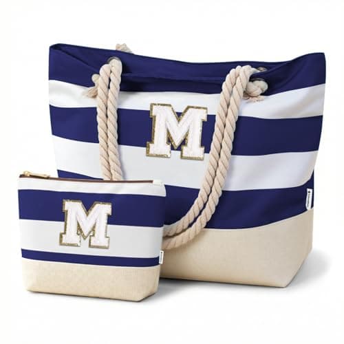 Vavabox Initial Beach Bag with Zip＆Pockets, Personalised Gifts for Women(M)