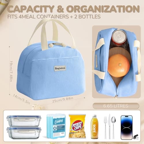 GODWOODS Corduroy Lunch Bag with Cotton Webbing Handles - 6.65L Thermal Insulated Food Tote, Leakproof Reusable Meal Prep Container for Office, Picnics & Travel (25x14x19cm) (Light Blue) — view 5