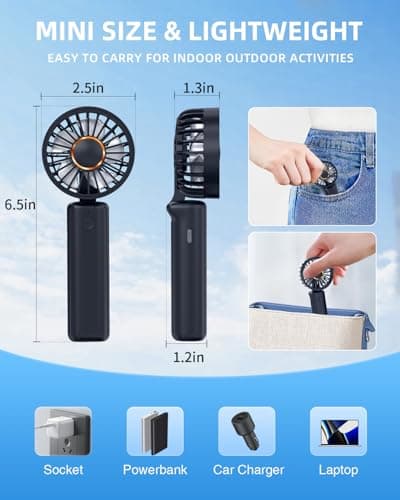 Hssio Portable Handheld Fan, Mini Desk Fan Foldable 1800mAh, 180° Ratotion, 3 Speeds, Ultra Quite, Up to 8H Long Use Time, Small Personal Cooling Fans Makeup Lash Fan for Women Girls, Dark Black — view 6