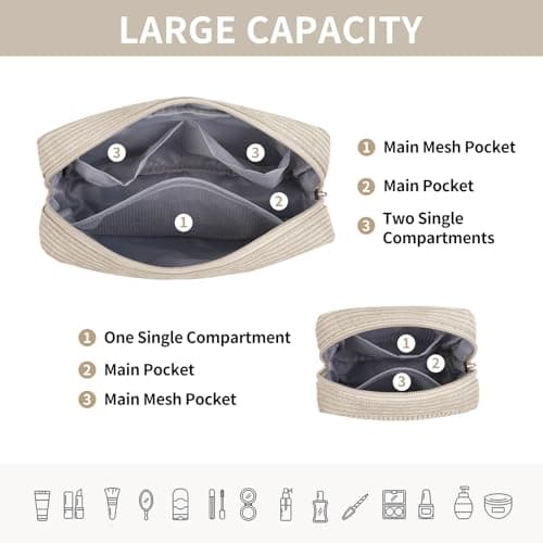 Makeup Bag, MAGEFY 2 Pcs Small Makeup Bag for Handbag Corduroy Pouch with Compartments Travel Makeup Cosmetic Bag for Women (Beige) — view 2