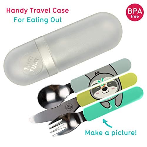 TUM TUM Toddler Cutlery Set with Travel Case, 3 Pcs Kids Cutlery Set Stainless Steel Includes 1 x Fork/Spoon/Knife, Kids Travel Cutlery Sets, BPA Free (Stanley The Sloth) — view 2