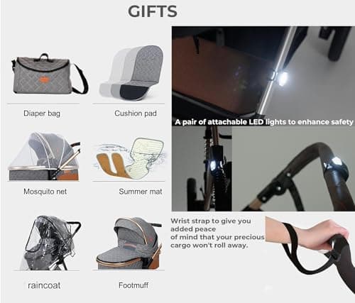 Baby Buggy Pram Pushchair Stroller 3 in 1 Child Lightweight Folding Stroller 3 in 1 Travel System Pram for Newborns & Toddlers from Birth Aluminum (Beige - Rose Gold Frame) — view 2