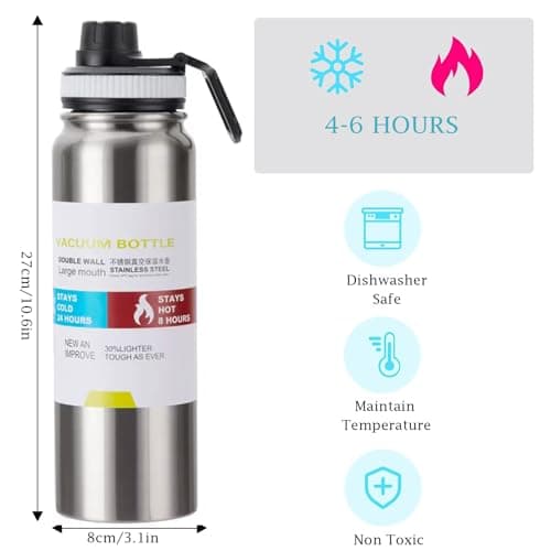 800ml Insulated Water Bottles with Wide Mouth,Stainless Steel Metal Bottle with Leak Proof Lids - Great for Work, Travel/Men, Women-Silver — view 2