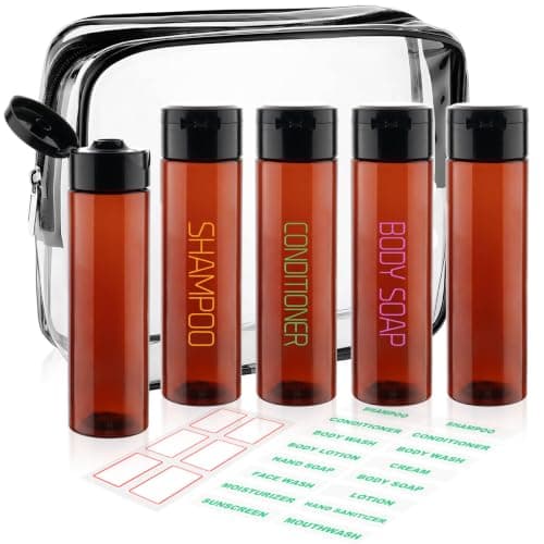 Decorniqu Travel Bottles for Toiletries 5 Pack 100ml Pre-Printed Wide Mouth Travel Size Toiletries Leak Proof Travel Shampoo Bottles TSA Approved Squeeze Bottles for Lotion Toothpaste Cream(Brown)
