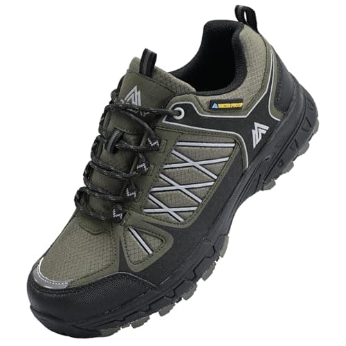 Queday Men's Green Waterproof Hiking Shoes Lightweight Anti Slip Outdoor Grey Breathable Hike Trekking Trails Shoe Size 44