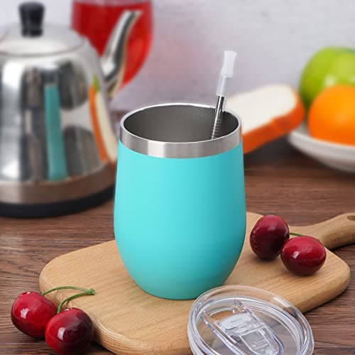 Reusable Coffee Cup, Double Walled -Insulated Travel Mug Vacuum Stainless Steel Wine Tumbler with Spill Proof Lid, Great for Hot & Cold Drinks - Coffee, Wine, 12oz/340ml (4 Piece Set, Aqua Blue) — view 2