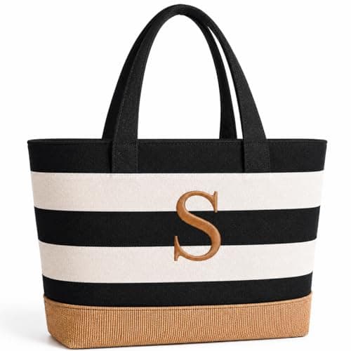 TAHAVICE Personalised Canvas Tote Bag for Women with Embroidered Initial, Large 25L Travel and Beach Bag with Zipper and Inner Pocket, Birthday Gift for Mum, Teacher, Friend