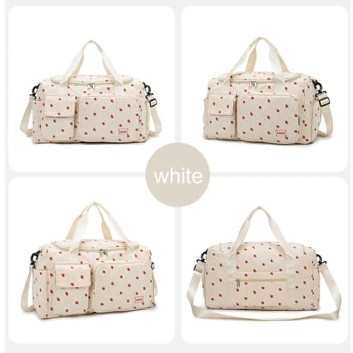 Corduroy Strawberry Sports Duffel Bag,Gym Bag with Shoe Compartment & Wet Pocket,Cute Travel Bag Weekend Bag Dance Bag for Girls (White) — view 2
