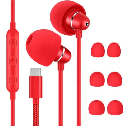 Bulees USB C Type C Side Sleeping Earbuds, Noise Isolating Wired Sleep Headphones, Lightweight In-Ear Earphones with Mic Volume Control for Small Ear Canal Sensitive Sleepers (Red)